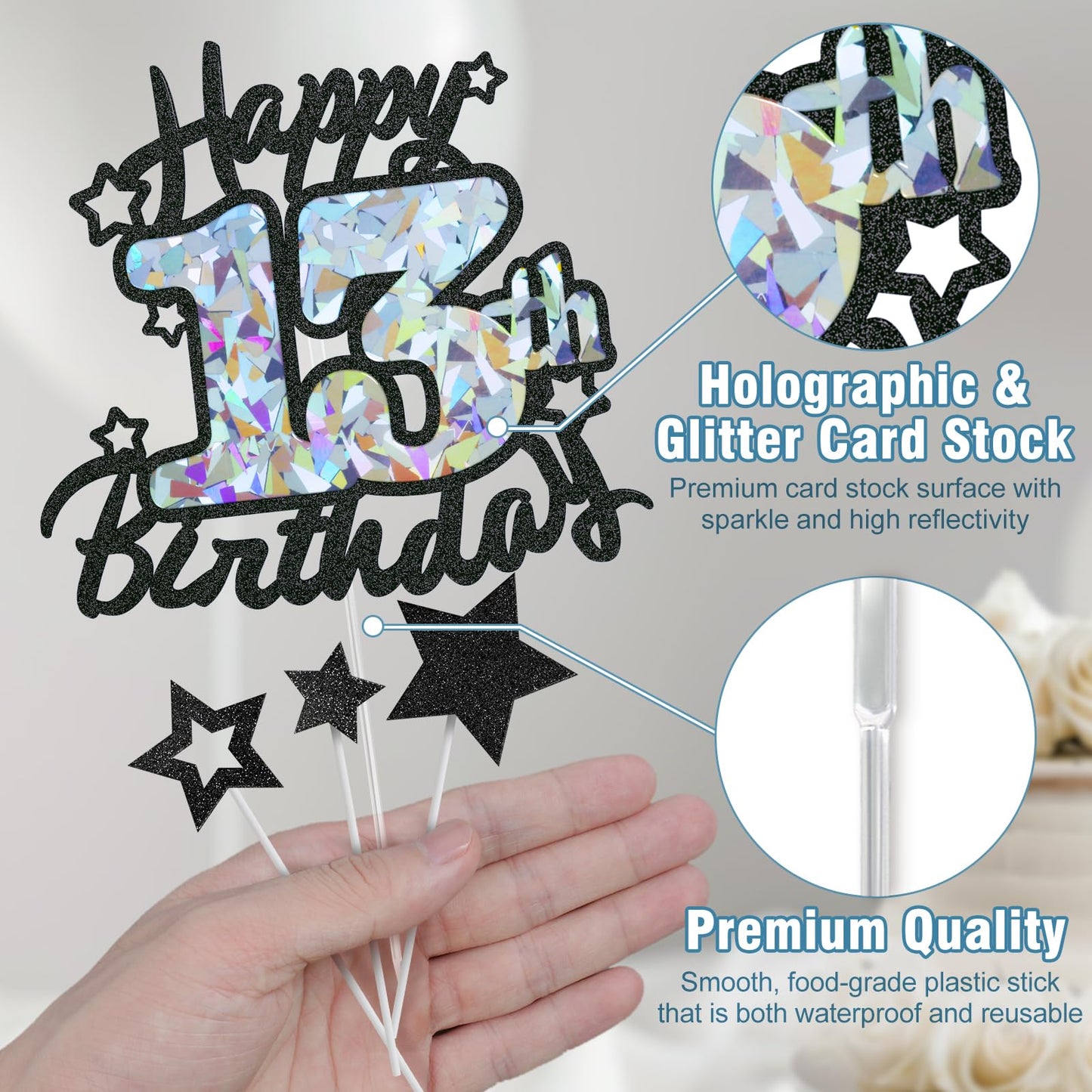 Happy 13Th Birthday Cake Topper, Black Glitter And Gem Patterns Card Stock Cake Toppers, 13 Year Birthday Party Cake Decoration