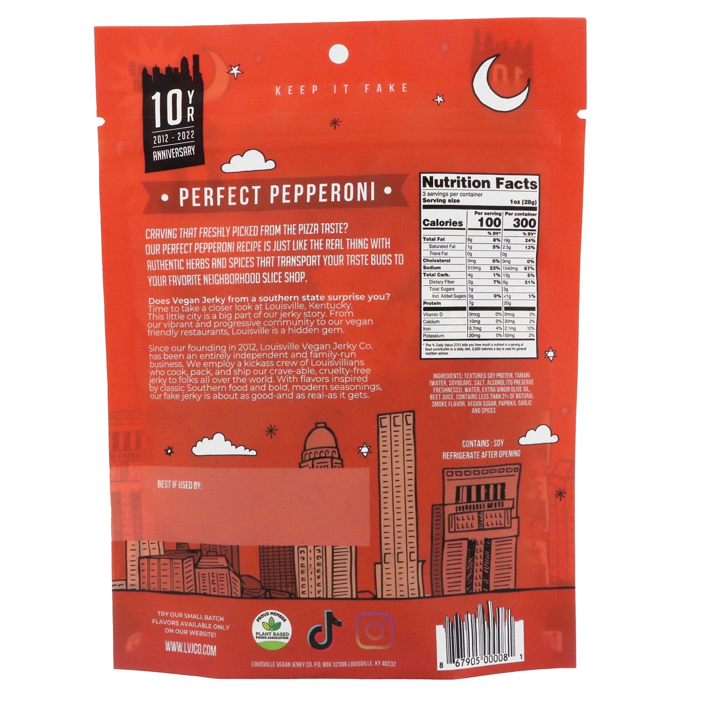 Louisville Vegan Jerky Pepperoni Pizza - Gluten-Free High Protein Snack, 19g Non-GMO Soy Protein, 1 Count, Red