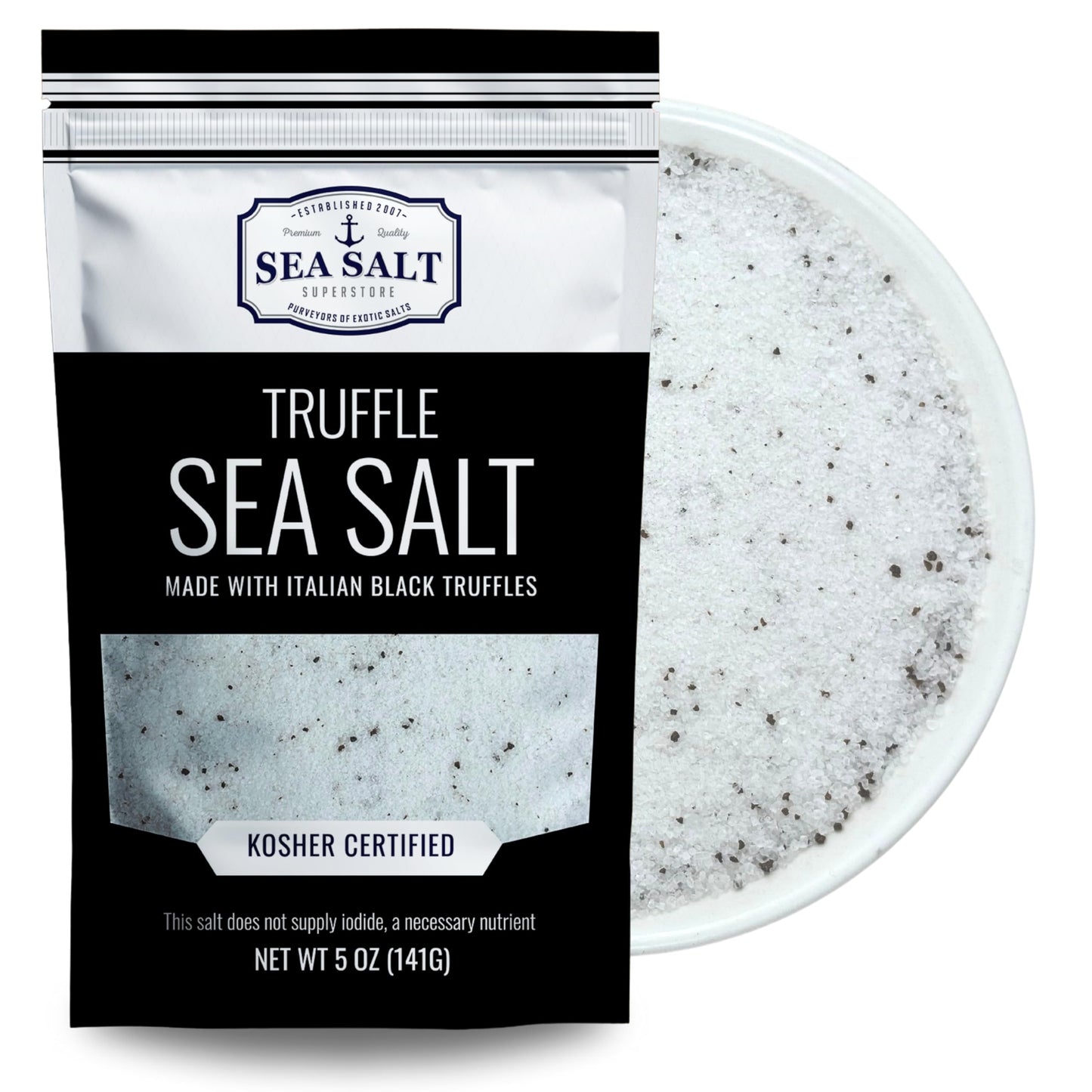 Italian Black Truffle Sea Salt, Natural Black For Soups And Sauces, Smooth & Rich Truffle Infused Gourmet Salt, 5 Oz Bag, Caravel Gourmet