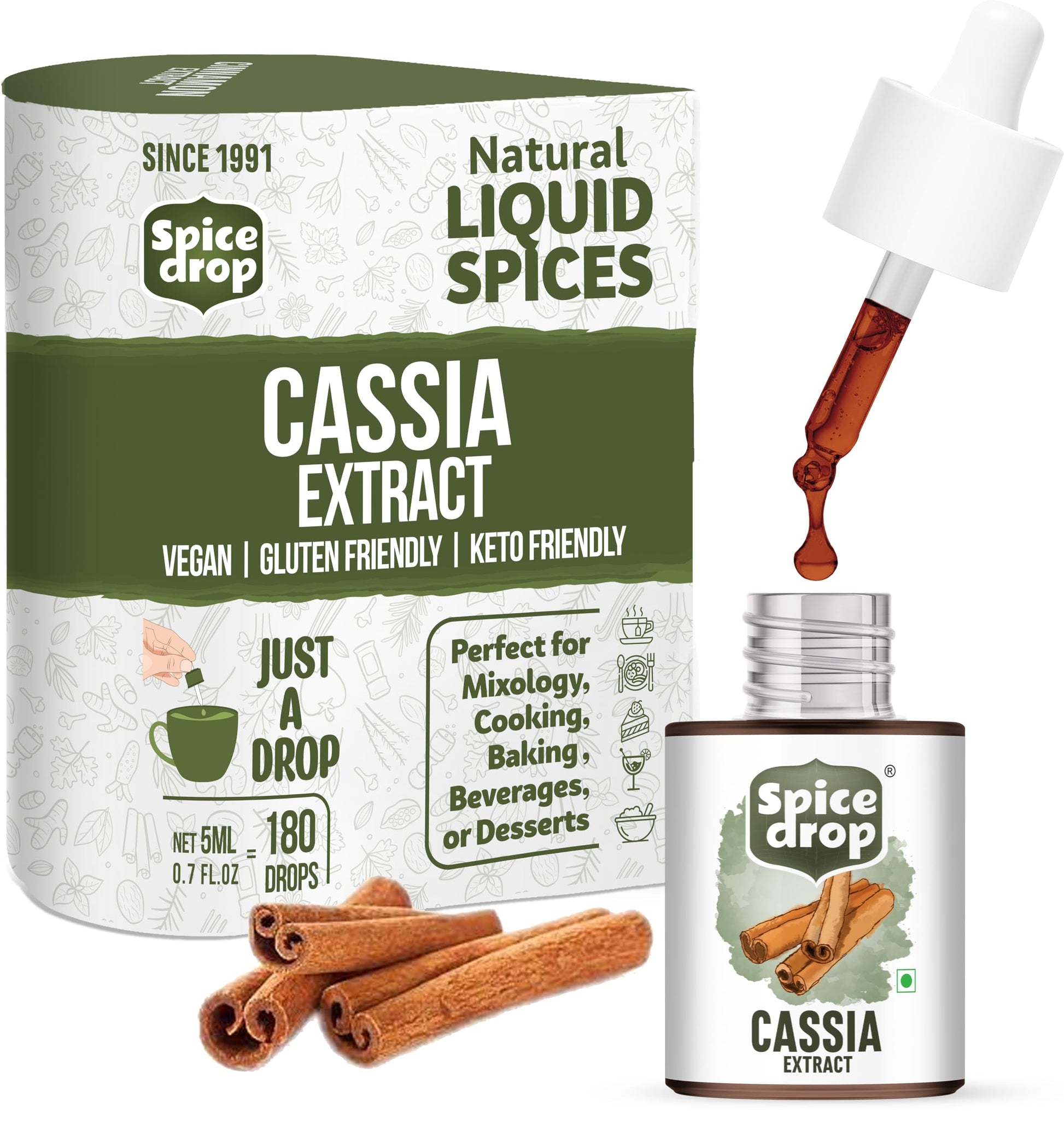 Spice Drop Cinnamon Cassia Extract – Baking, Cooking, Smoothie, Dessert, Coffee, Tea | enhanced Quality Rich Aroma & Flavor | No Added Color or Preservative | Sri Lanka Origin | Vegan | 0.17 Oz
