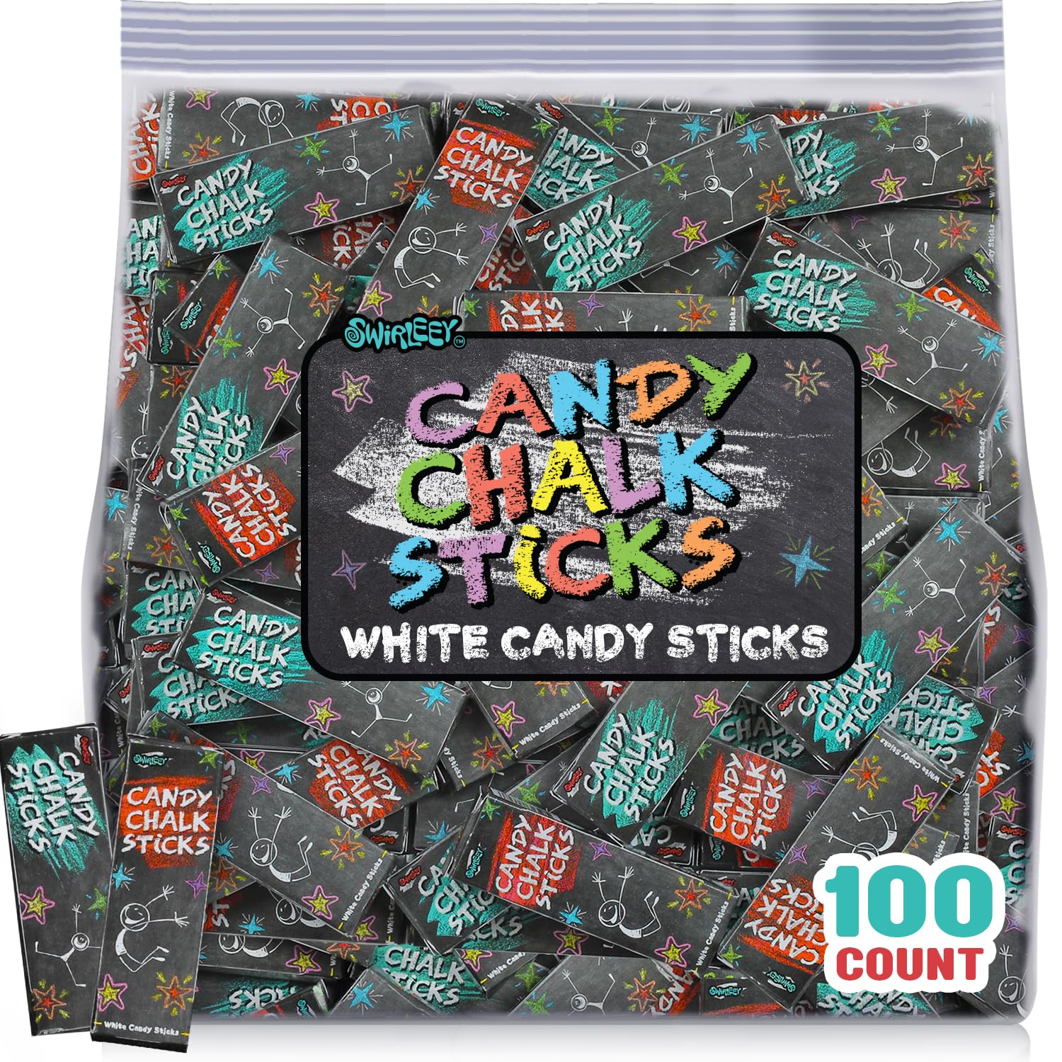 SWIRLEEY Candy Sticks Bulk - 100 Count - Chalk Bulk School Theme Favors & Novelty Treats - Individually Wrapped Kid-Friendly Tea