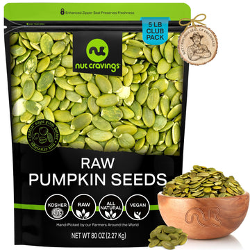 NUT CRAVINGS - Raw Pumpkin Seeds Pepitas, Unsalted, Shelled, (80oz - 5 LB) Bulk Nuts Packed Fresh in Resealable Bag - Kosher Hea