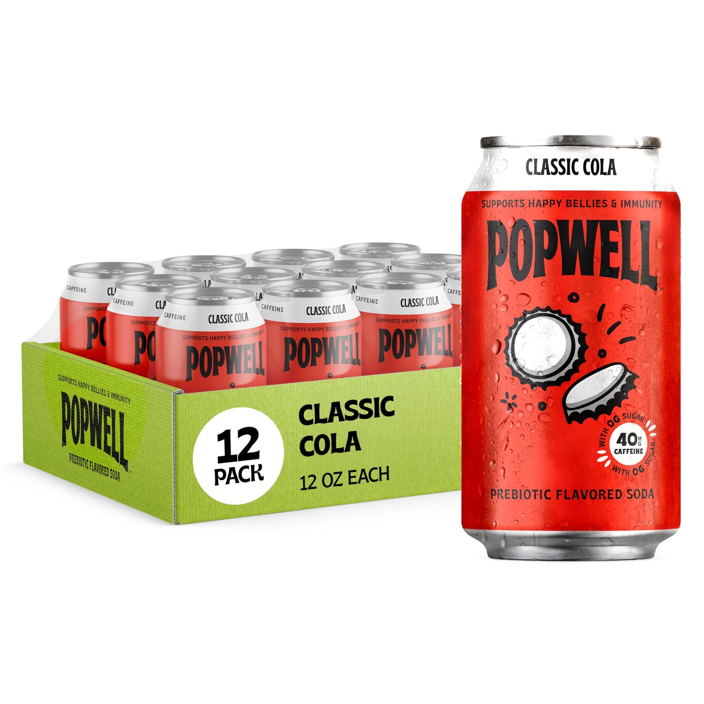 Popwell Classic Cola Caffeinated Playter-For-You Prebiotic Soda  With 6G Fiber  1G Sugar  Vitamins And Immunity Support  12 Fl Oz Cans (Pack Of 12)