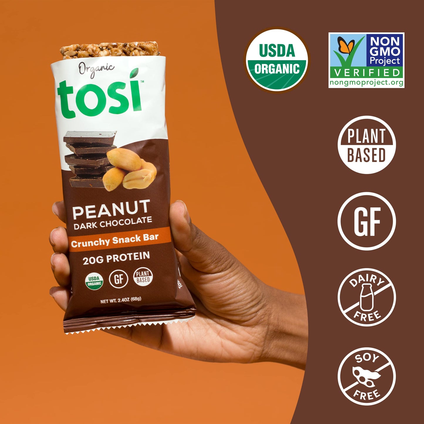 Tosi Dark Chocolate Peanut Protein Bars, Plant Based With Nuts, Gluten-Free Crunchy Snacks, Vegan, Organic, Flax & Chia Seeds, S