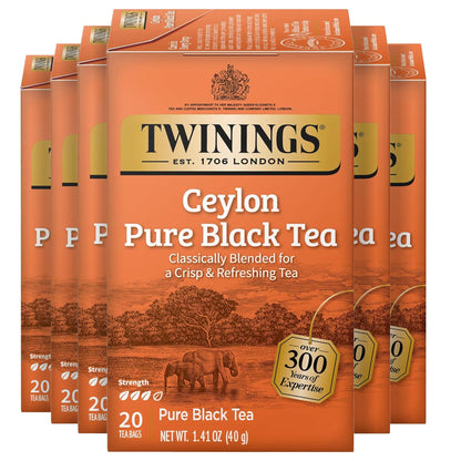 Twinings Ceylon Pure Black Tea Individually Wrapped Bags, 20 Count (Pack of 6), formerly Ceylon Orange Pekoe, Crisp, Refreshing,