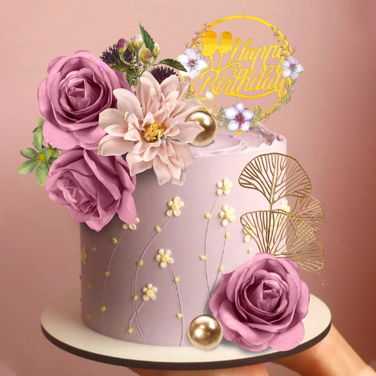 Flower Cake Toppers Happy Birthday Cake Toppers With Artificial Purple Rose Flowers Eucalyptu Leaves For Birthday Party Wedding