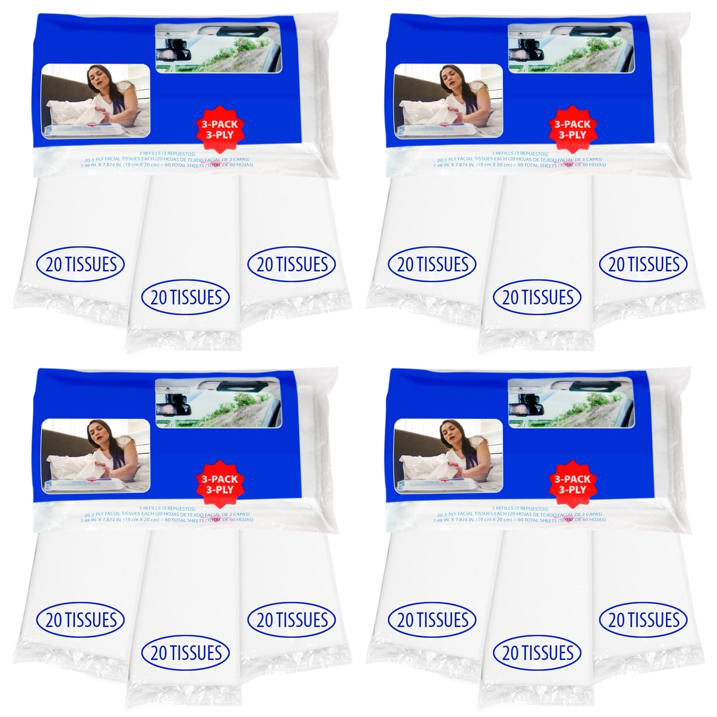 Facial Tissues Travel Size Packs With Full Size Tissues For Home, Purse, Or Car, 12 Packs, 240 Sheets, 3-Ply, Pure White, Chlori