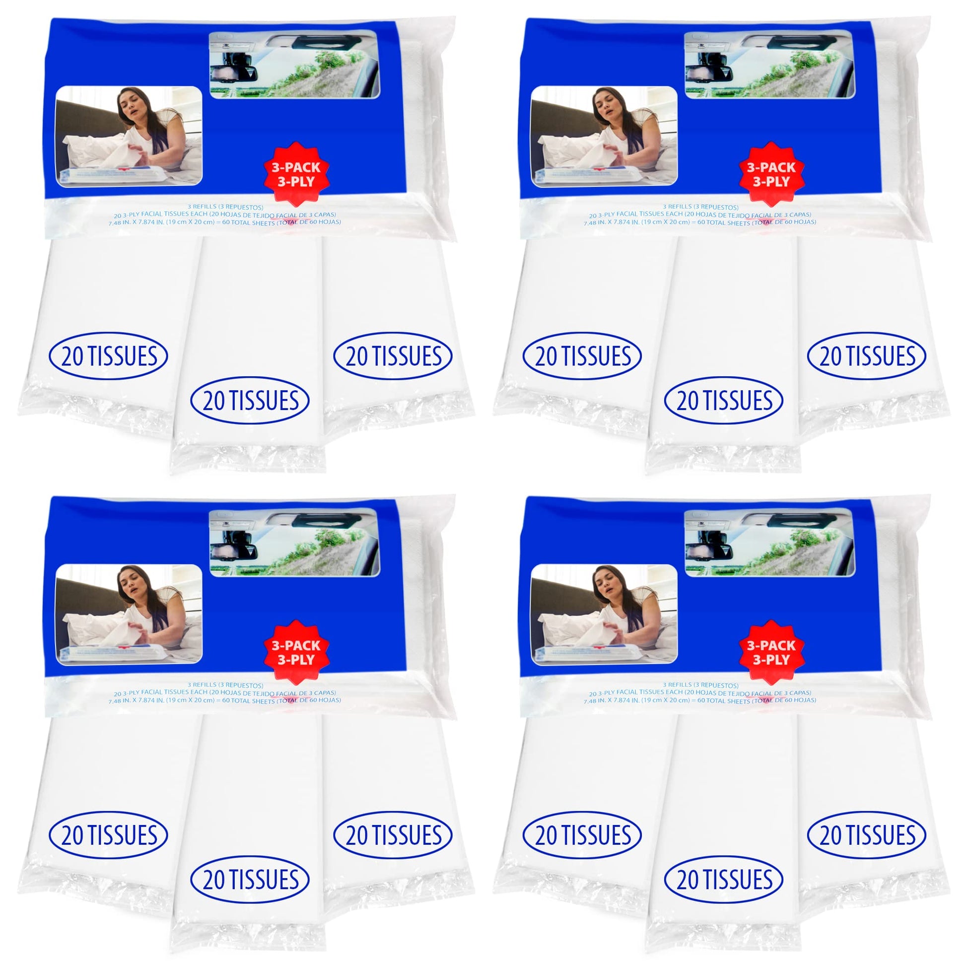 Facial Tissues Travel Size Packs With Full Size Tissues For Home, Purse, Or Car, 12 Packs, 240 Sheets, 3-Ply, Pure White, Chlori