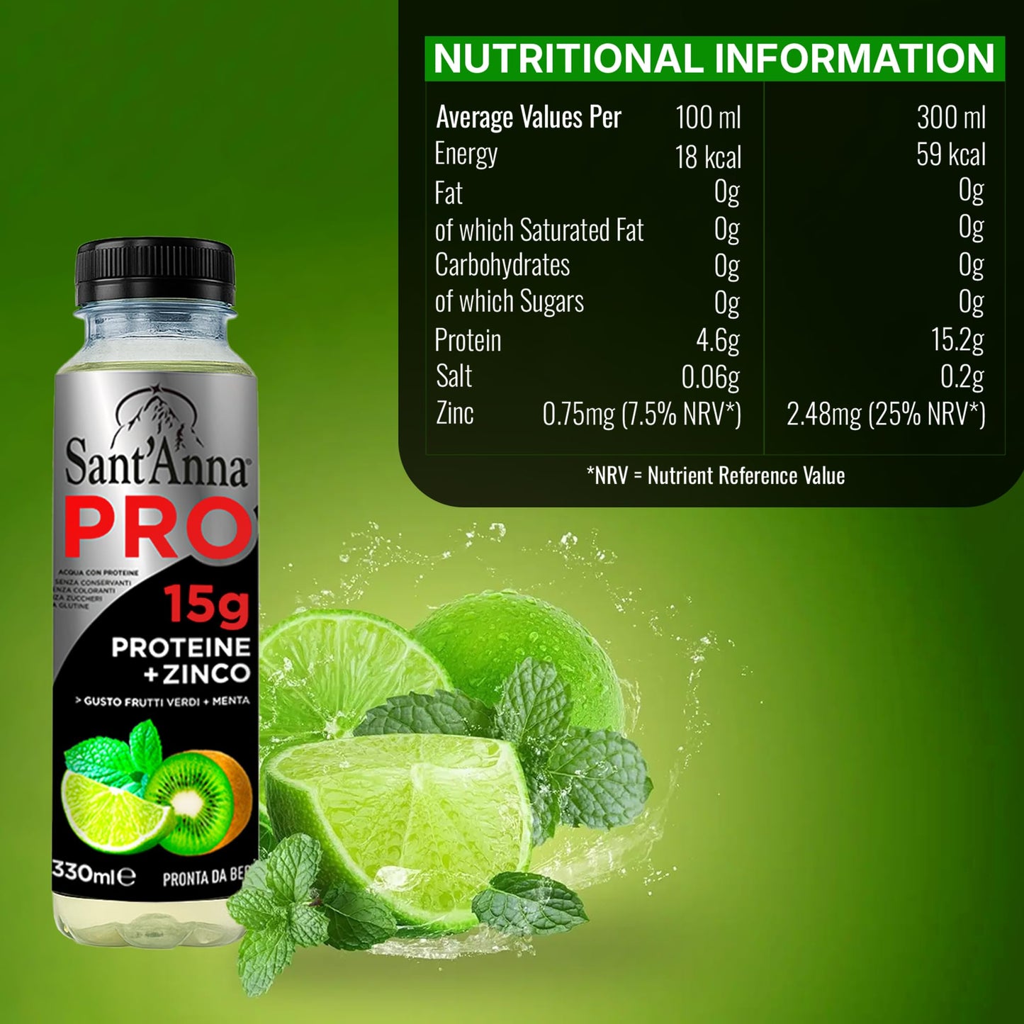 SantAnna PRO Functional Protein Drink - Green Fruits & Mint, 11.15 Fl Oz (12-Pack) | 15g Protein + Zinc | No Sugar | Clear Wate