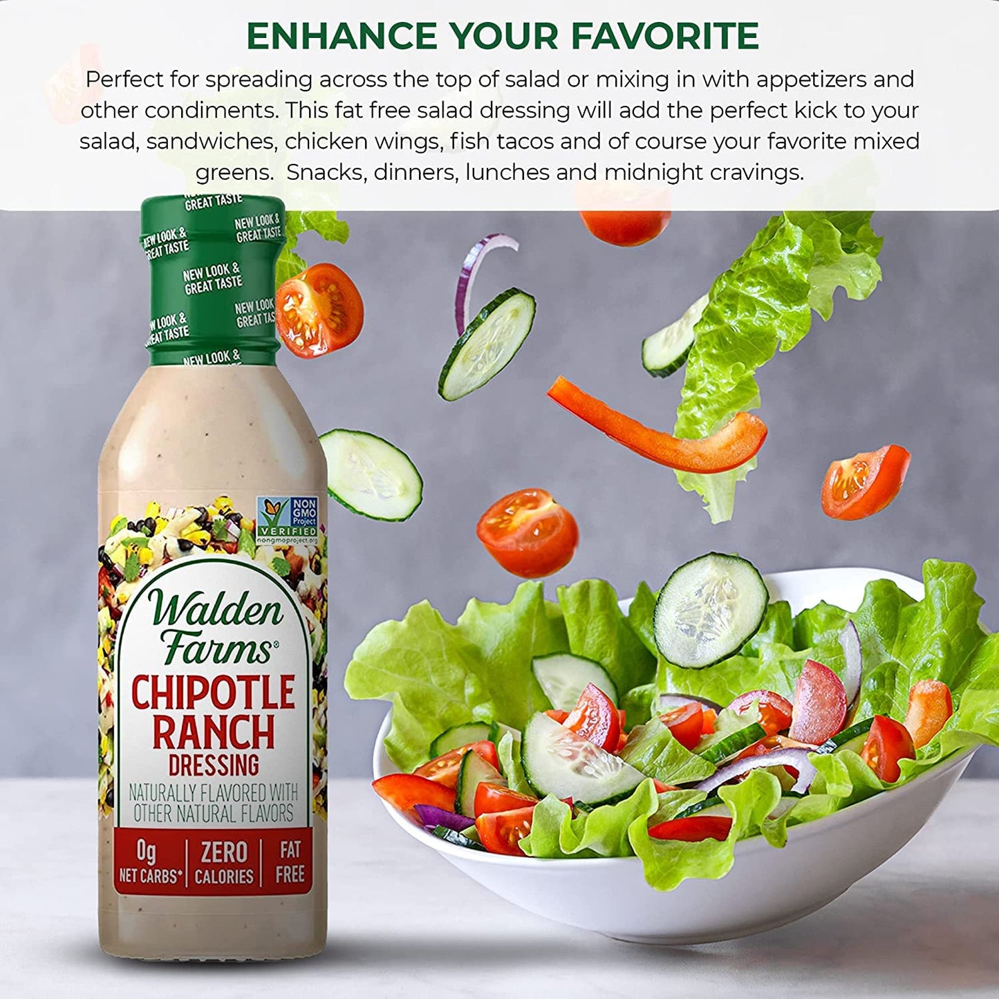 Walden Farms Chipotle Ranch Dressing 12 Oz. Bottle | Fresh & Delicious Salad Topping | 0G Net Carbs Condiment | Kosher Certified