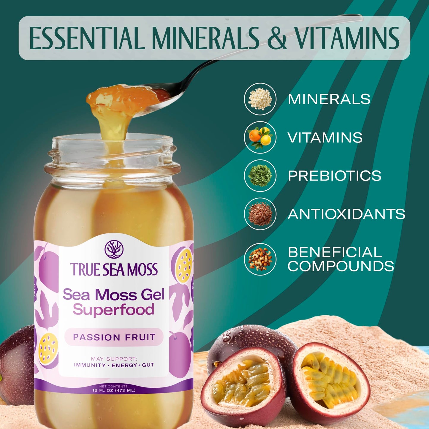 TrueSeaMoss Sea Moss Gel - Made in USA - Wildcrafted Seamoss  Fruits & Jarred Vegetables - Passion Fruit  Pack of 2 (Labels may Vary)