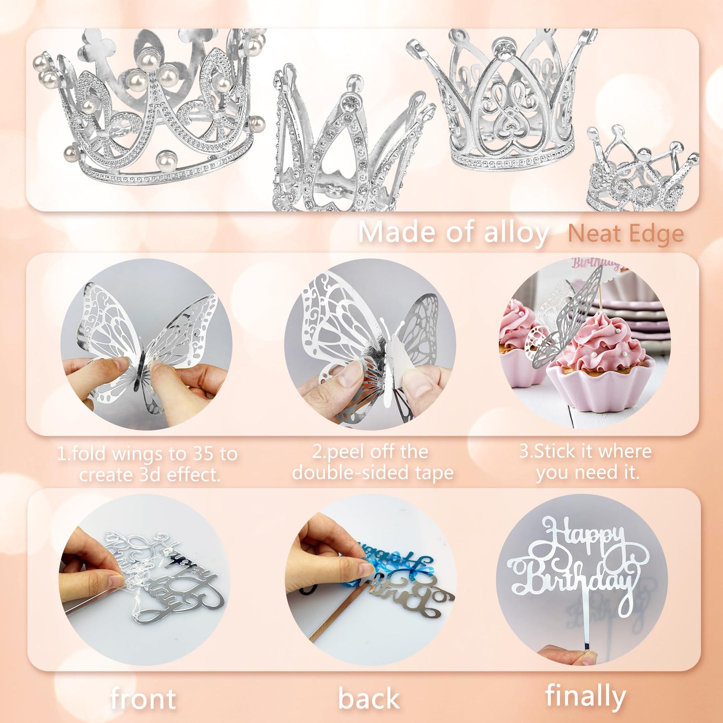 44 Pcs Silver Crown Cake Decoration 16 Pcs Mini Crown Tiny Crown With 24 Pcs Butterfly Wall Decors And 4 Pcs Birthday Cake Toppe