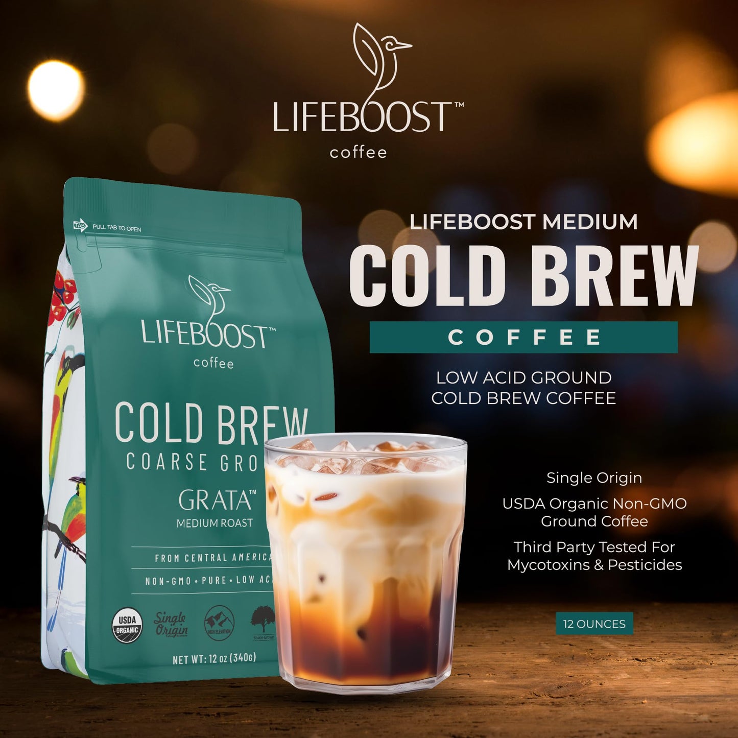 Lifeboost Medium Cold Brew Coffee - Low Acid Coarse Ground Coffee For Cold Brew - Single Origin Non-Gmo Usda Organic Cold Brew Coffee Grounds - 3Rd Party Tested For Mycotoxins & Pesticides - 12 Ounces