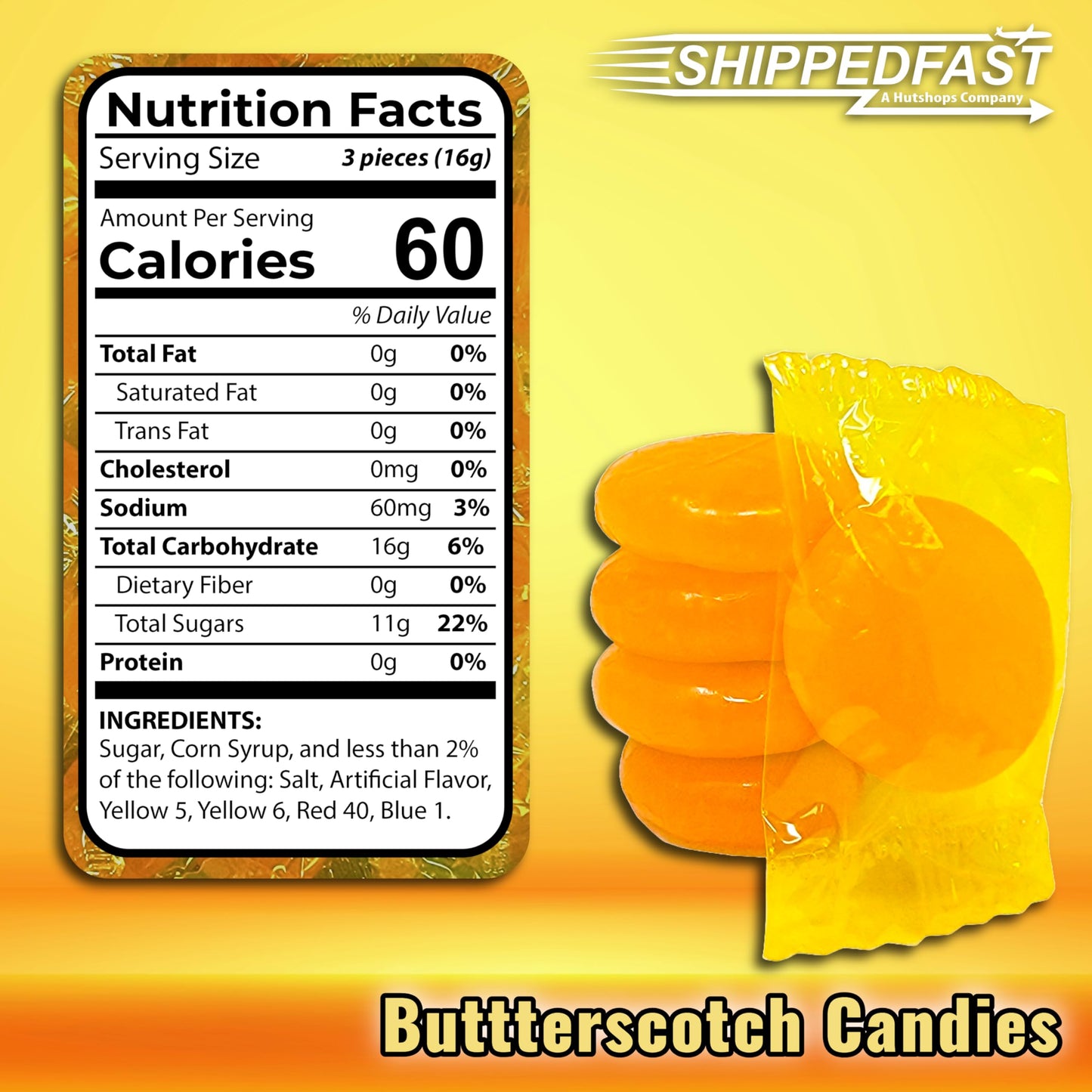 Shippedfast Butterscotch Hard Candies - Individually Wrapped, 5 Pound Bag, Large Size