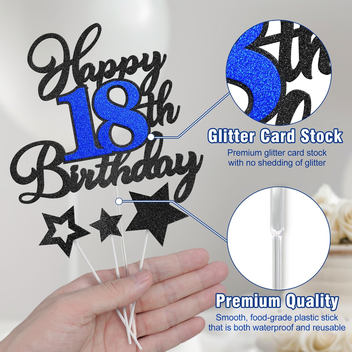 Happy 18Th Birthday Cake Toppers, Black Blue Glitter Cake Decorations Set, 18Th Birthday Decor, Birthday Anniversary Party Decor