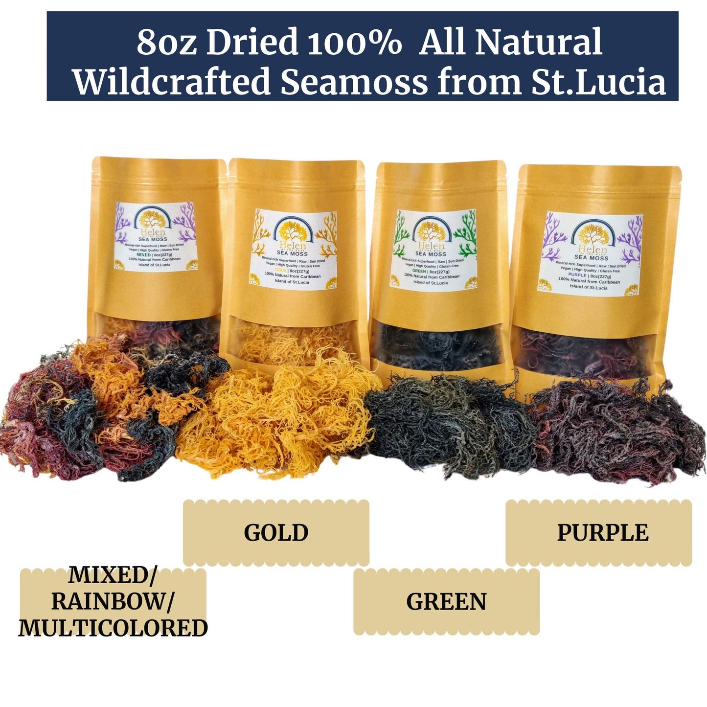 Wildcrafted Sea Moss | Gold - Purple - Green - Mixed | 100% Natural Irish Moss From St.Lucia | Mineral-Rich Superfood | 8Oz Sun-