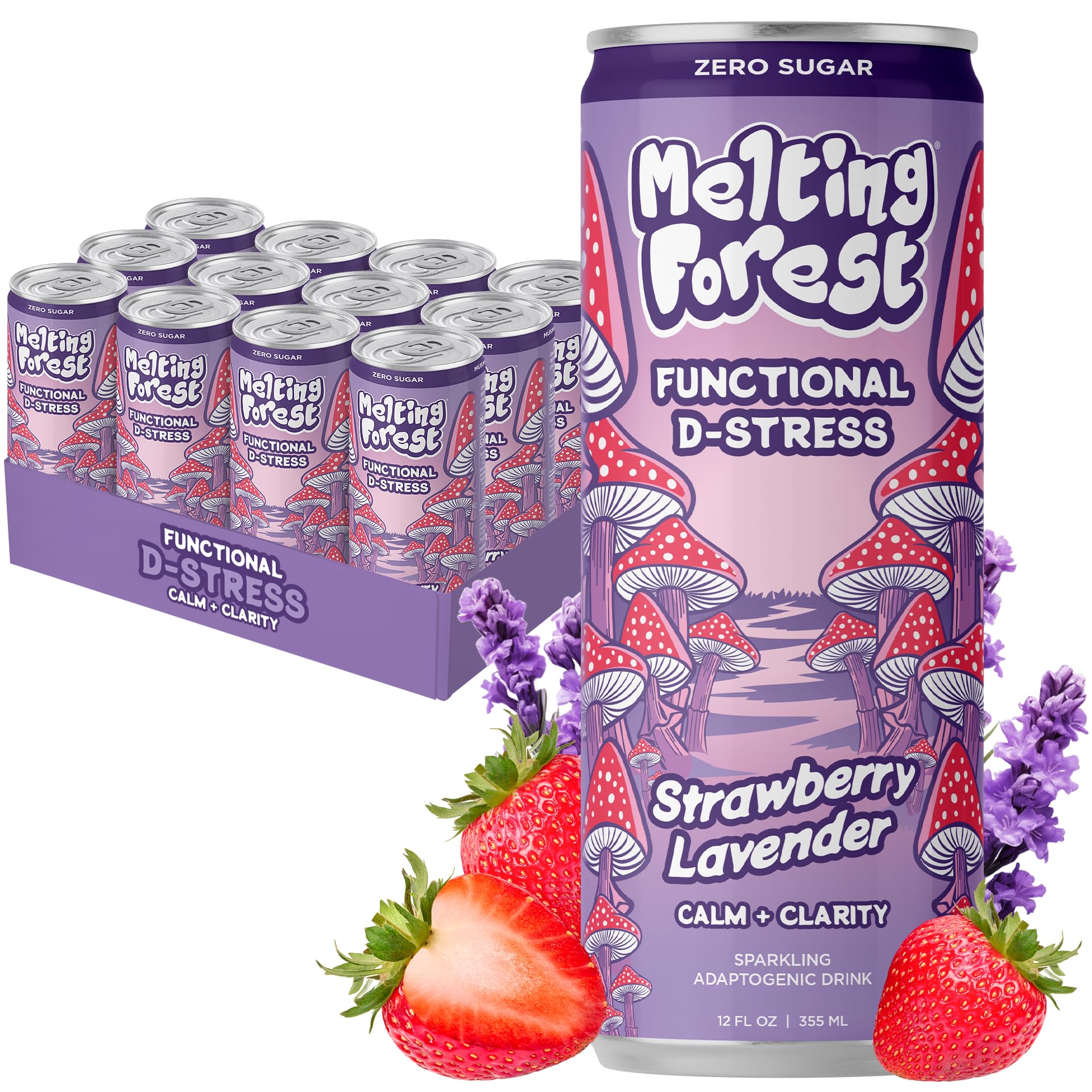 Melting Forest Mushroom D-Stress, Sparkling Adaptogen Drink with L-Theanine, Lions Mane and Vitamin B, Zero Sugar, 5 Calories, 