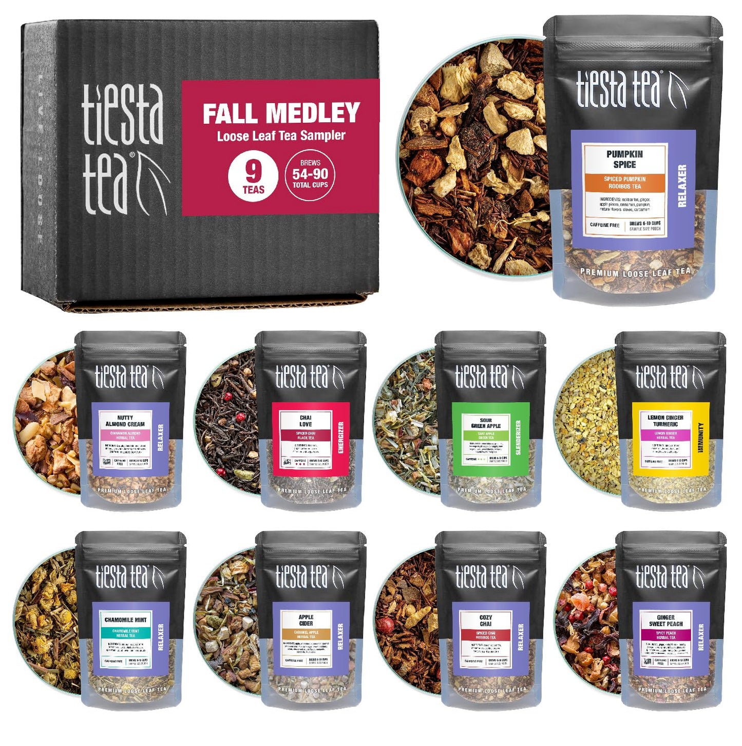 Tiesta Tea Fall Medley Dry Flight Set - Assorted Herbal, Black, Chai, Fruit Tea Blends - Caffeine Free Loose Leaf Sampler with 9 Pouches