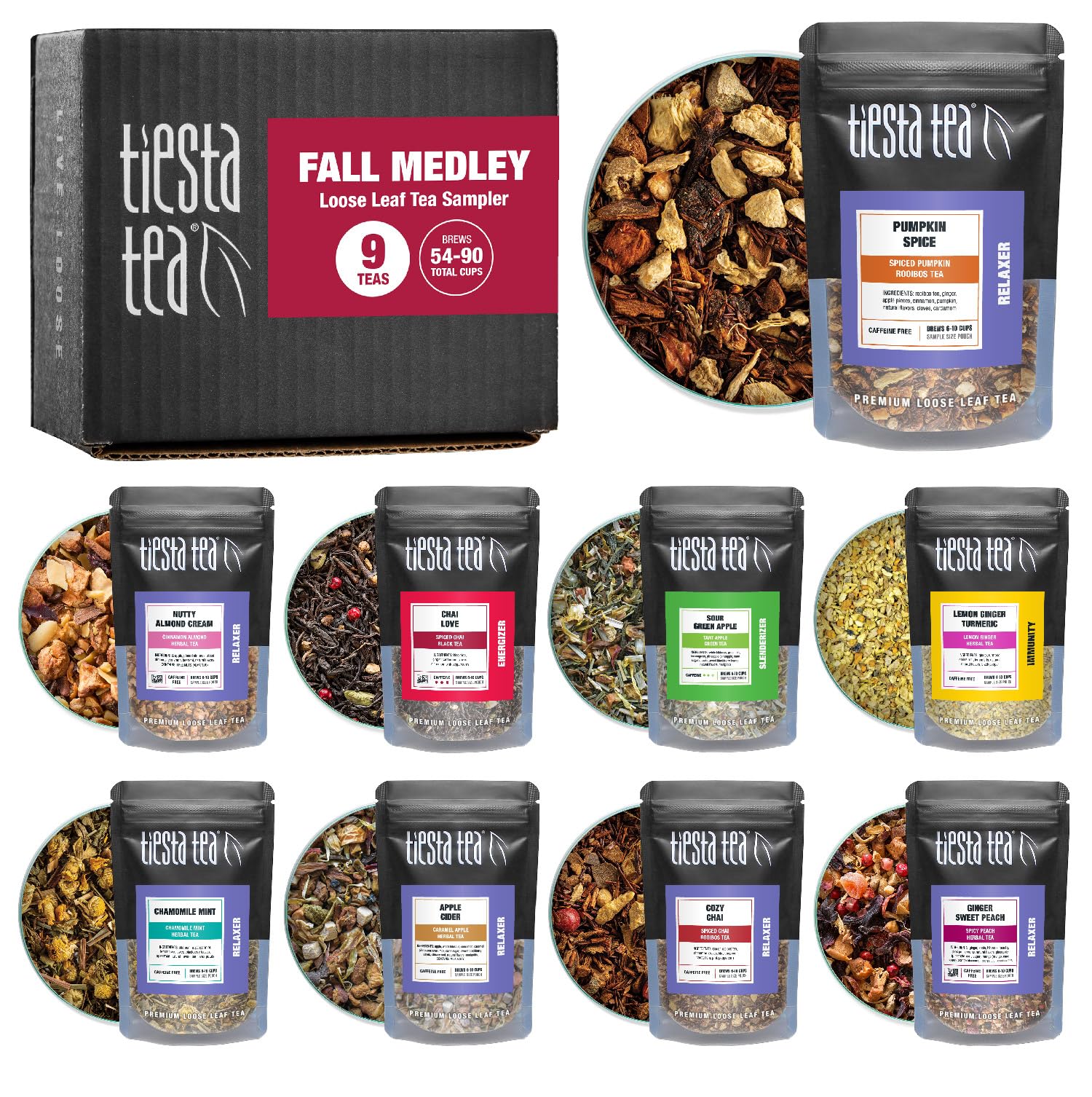 Tiesta Tea Fall Medley Dry Flight Set - Assorted Herbal, Black, Chai, Fruit Tea Blends - Caffeine Free Loose Leaf Sampler with 9 Pouches