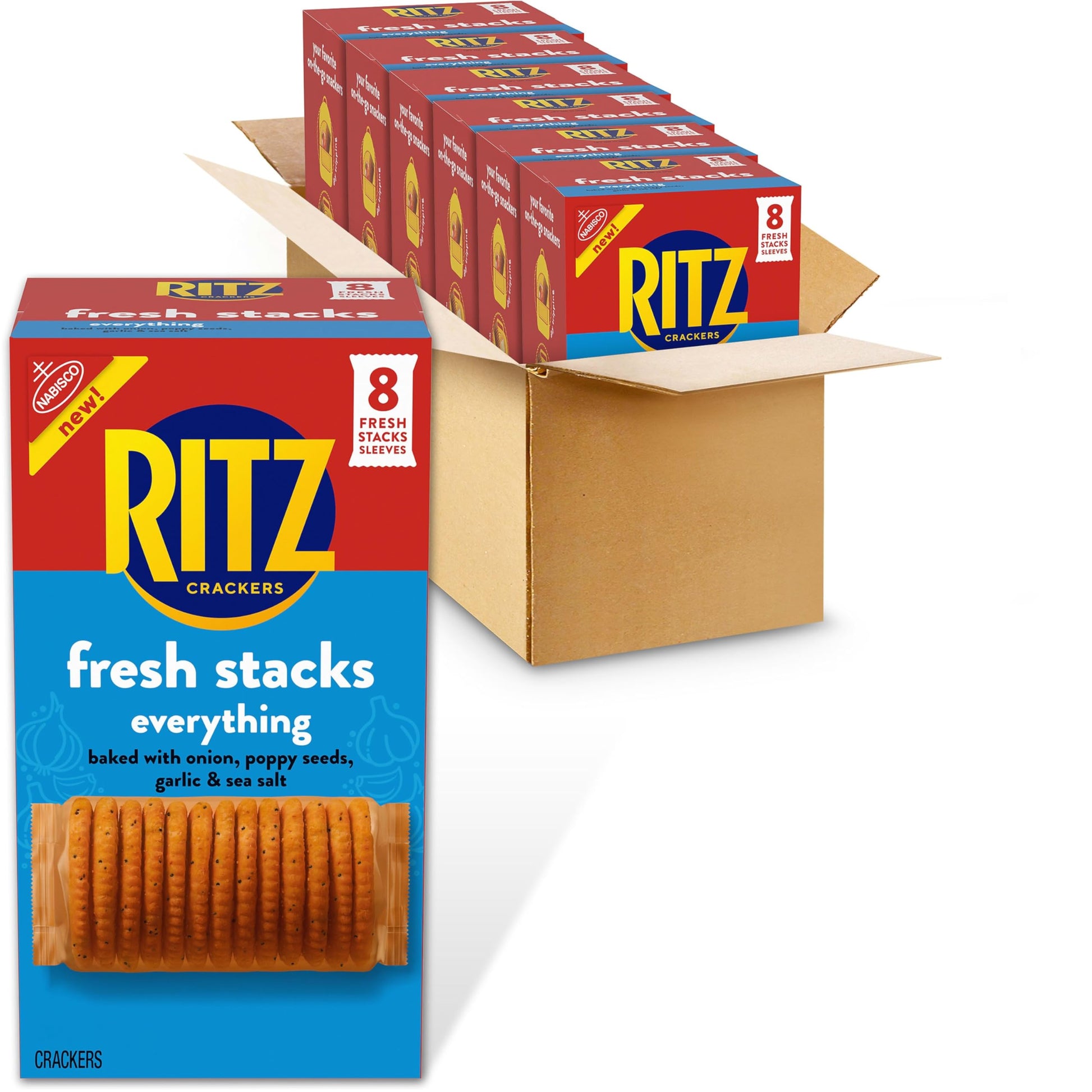 RITZ Fresh Stacks Everything Crackers, Bulk Travel Snacks, 6 Boxes (48 Multi Snack Packs)