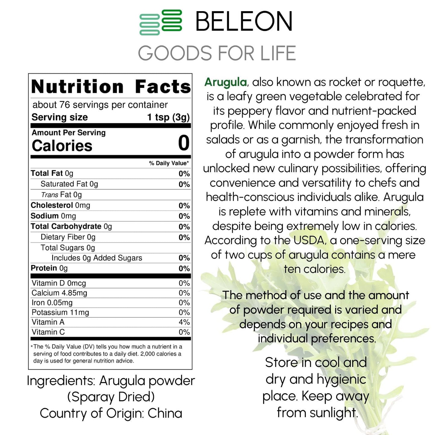 Arugula Powder 8 oz - Pure Powder Great for Seasonings, Salads