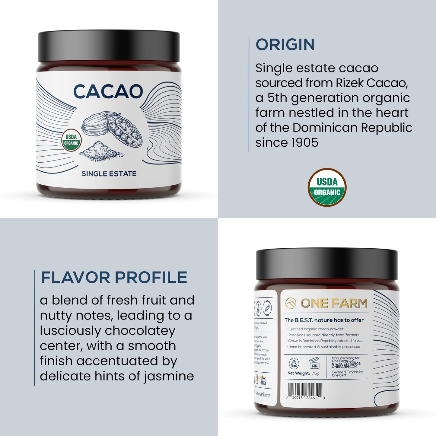 One Farm by WAAYB Organic Cacao, Single Estate, Non-GMO, Fair-Trade, Vegan, Gluten Free, 100% Raw Rizek Cacao in Resealable Bag