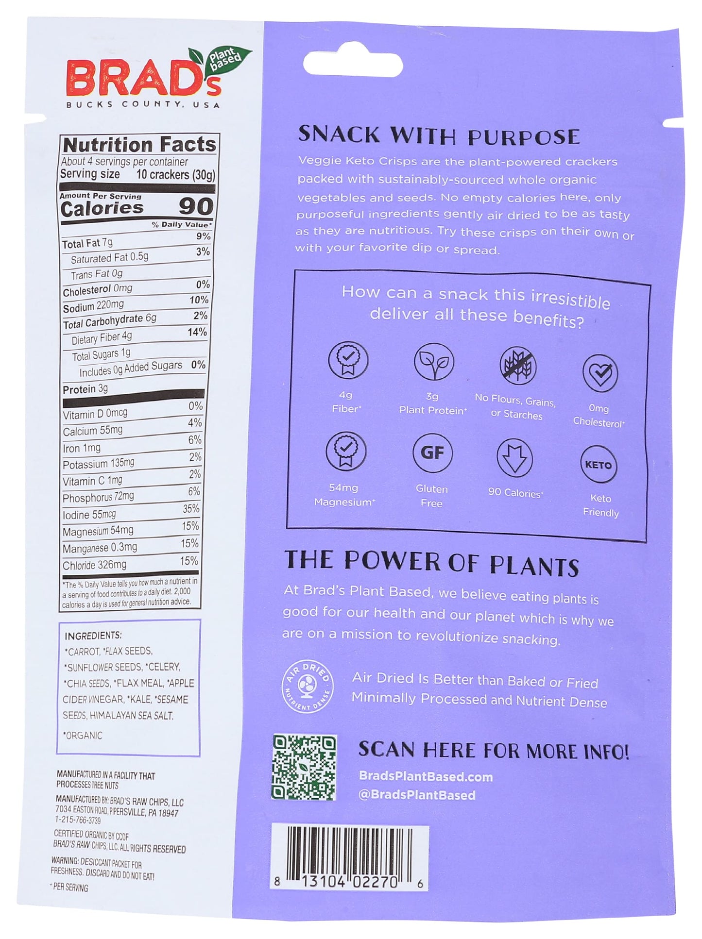 Brad'S Raw Organic Sea Salt Veggie Keto Crisp, 4 Oz