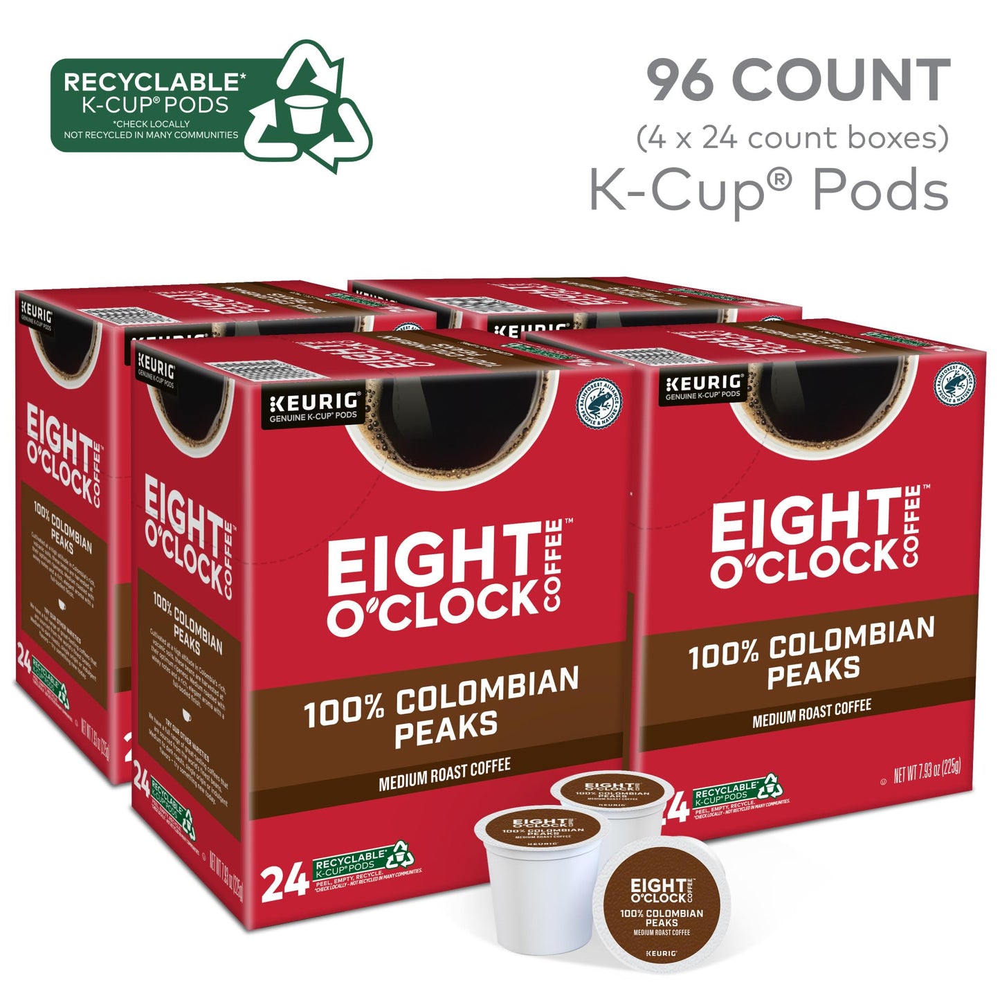 Eight O'Clock Coffee Colombian Peaks Single-Serve Keurig K-Cup Pods, Medium Roast Coffee Pods, 24 Count (Pack Of 4)