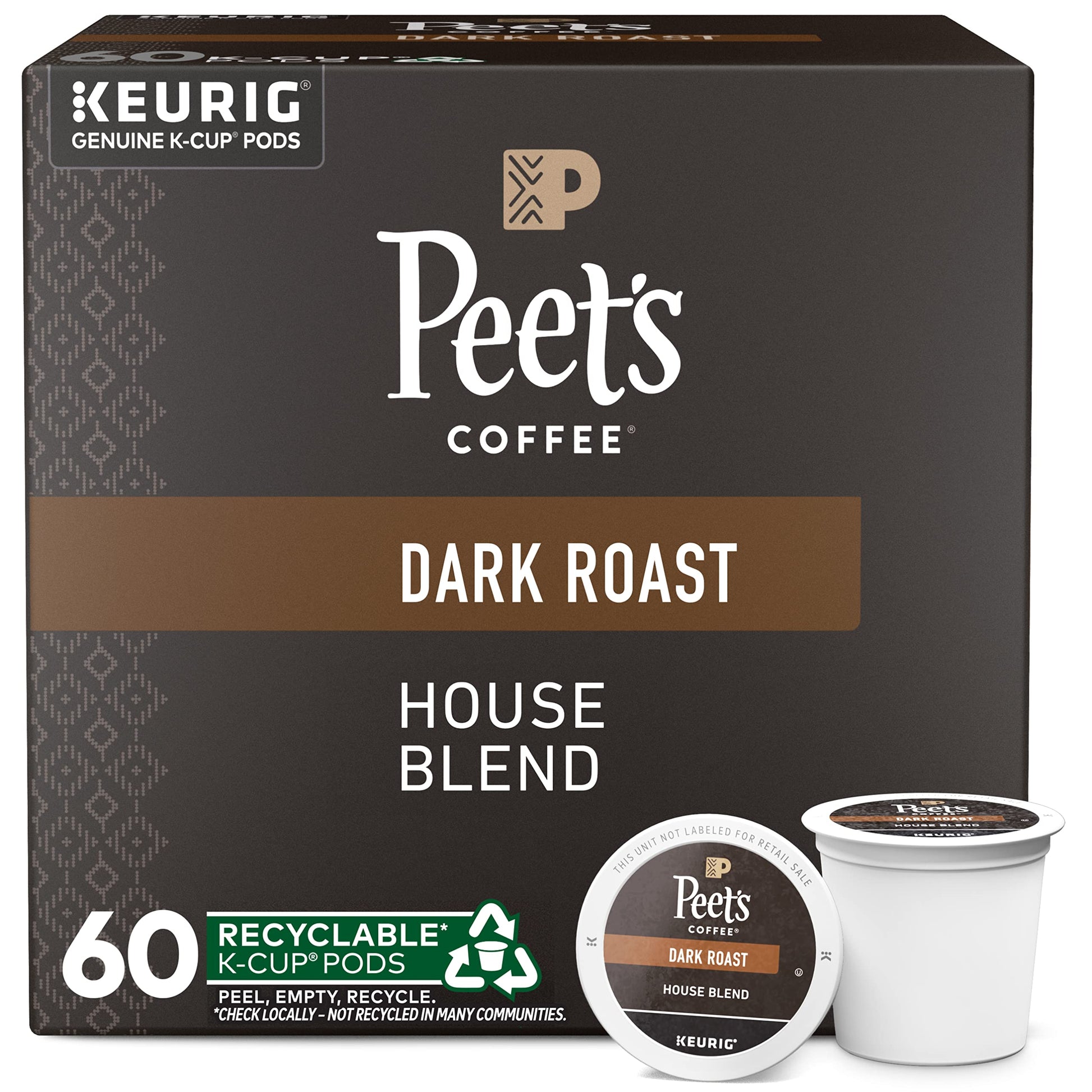 Peets Coffee Dark Roast K-Cup Pods - House Blend 60 Count - 6 Boxes of 10 Pods