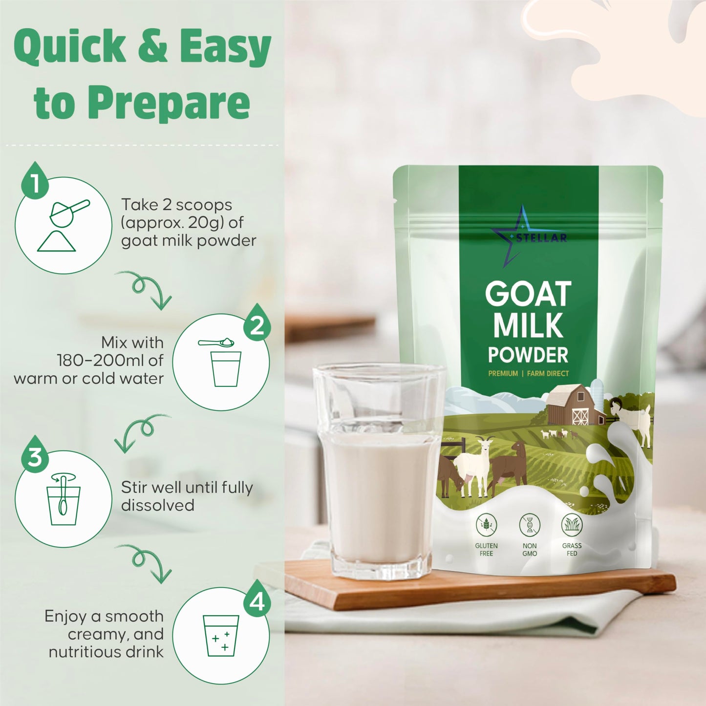 Stellar Goat Milk Powder - 2 lb | Grass-Fed from Australia | Easy to Digest  High in Protein  Calcium & Probiotics | Pure  Non-GMO  Gluten-Free  Pet Friendly  No Additives