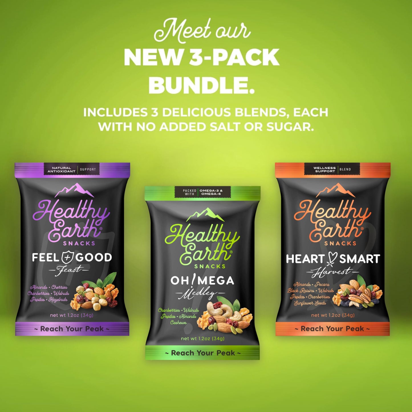Healthy Earth Snacks 3 Flavors Variety Pack  24 Count | Mixed Nuts & Dried Fruits Gourmet Snacks  Gluten-Free | 8 Packets Per Flavor: Heart Smart Harvest  Feel Good Feast  & Oh! Mega Medley (816g)