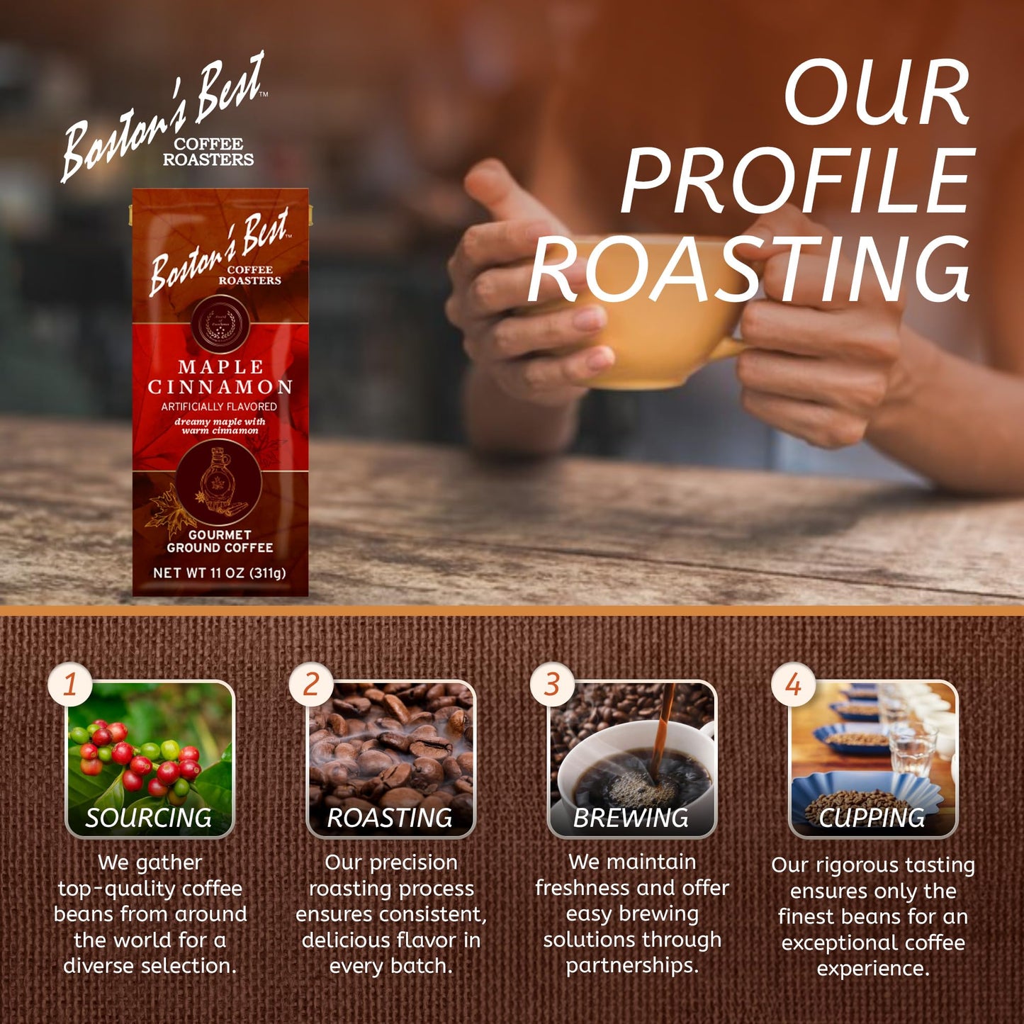 Bostons Best Coffee - Maple Cinnamon Flavored Gourmet Ground Coffee, 11 oz.
