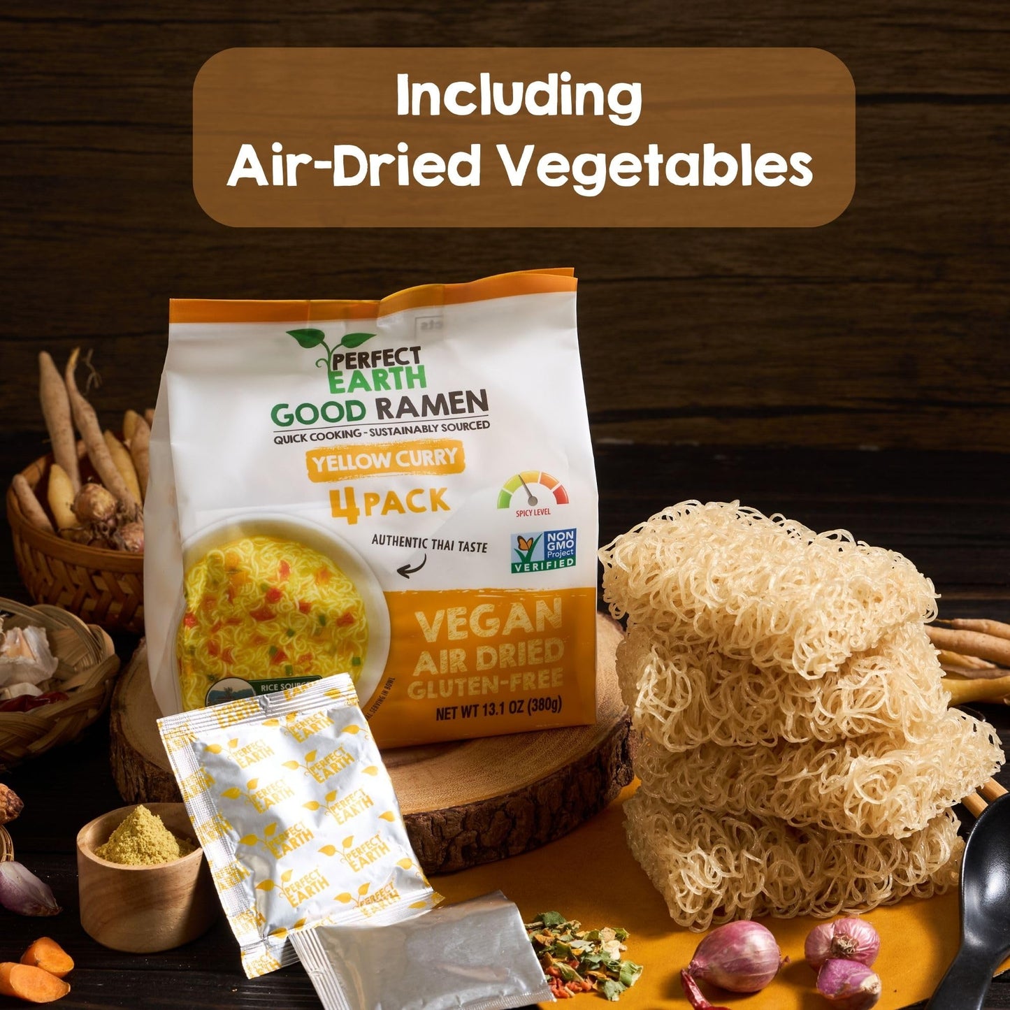 Perfect Earth Good Ramen Yellow Curry Noodles - Authentic Vibrant Thai Flavor, Medium Spice, Organic & Gluten-Free Instant Noodl