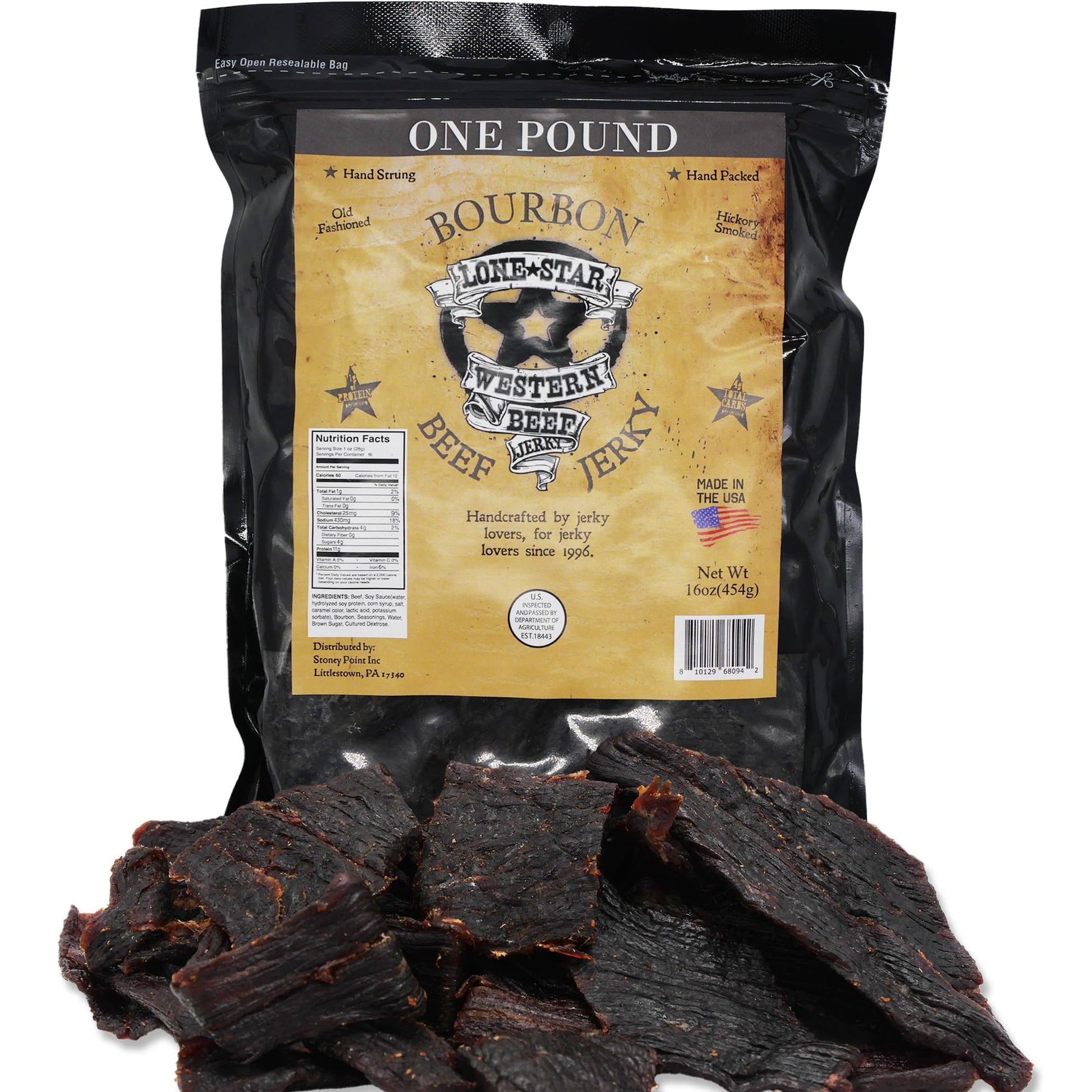 Lone Star Beef Jerky - Bourbon Flavored, Hickory Smoked, High Protein Snack - 1 Pound Resealable Bag