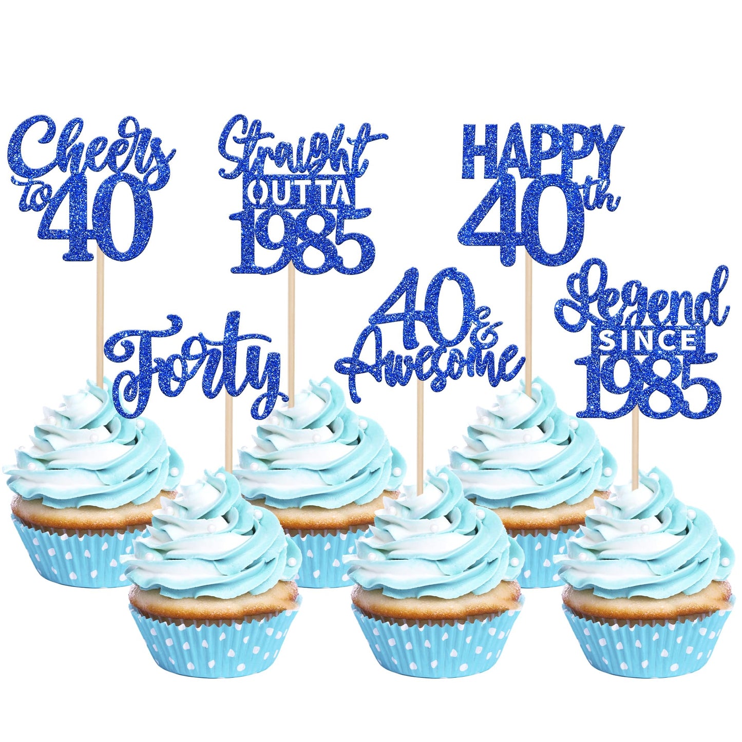 24PCS Blue Happy 40th Birthday Cupcake Toppers Forty Straight Outta 1985 Cupcake Picks Cheers to 40 Lengend Since 1985 Cake Deco
