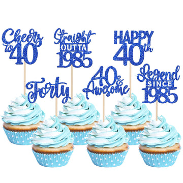 24PCS Blue Happy 40th Birthday Cupcake Toppers Forty Straight Outta 1985 Cupcake Picks Cheers to 40 Lengend Since 1985 Cake Deco