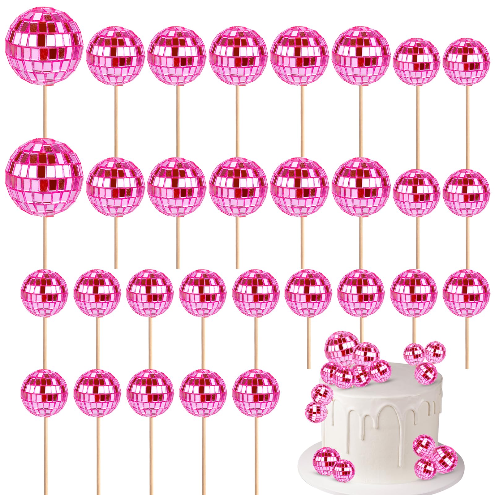 PEUTIER Disco Ball Cupcake Toppers, 30pcs Mini Picks for Dessert Decorations, Pink, Model G04106