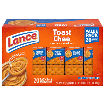 Lance Toast Chee Real Peanut Butter Sandwich Crackers, 20 Count, 30.3 Oz