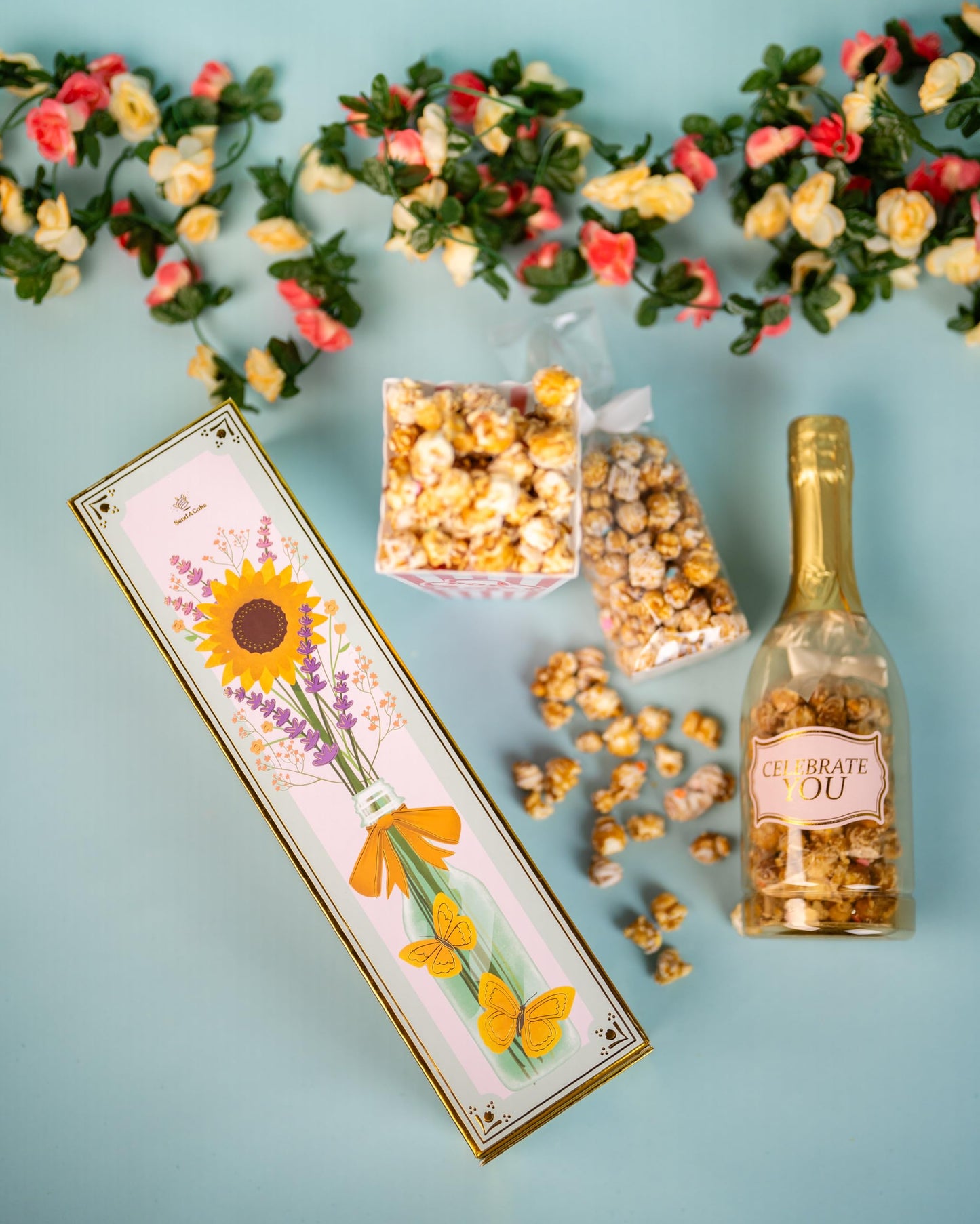 Birthday Floral Bubble Box With Caramel White Chocolate Popcorn By Send A Cake, Ready To Gift, No Assembly Required - Unique Happy Birthday Gift For Women, Men, Sister, Mom, Dad, Best Friend