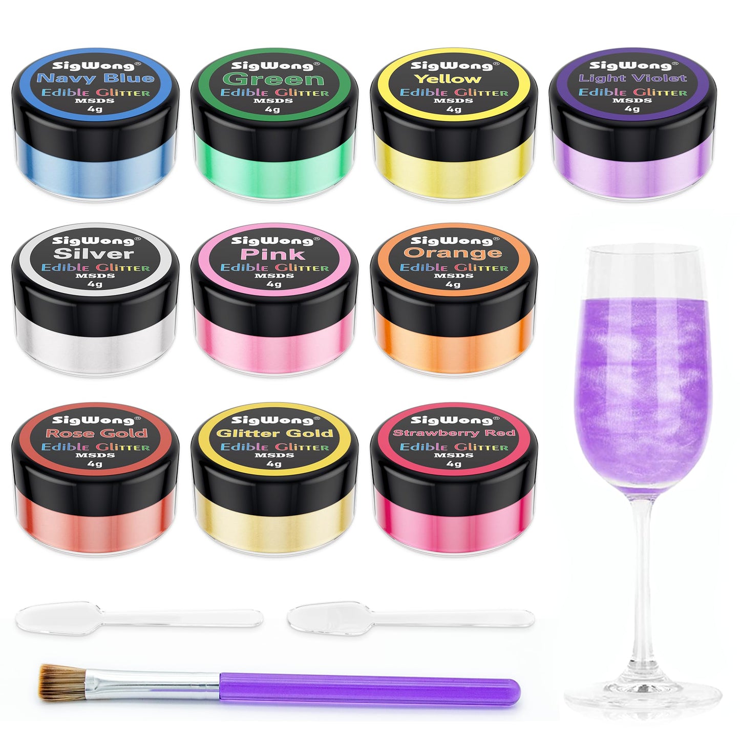 SigWong Edible Glitter Set - 10 Colors Luster Dust, Food Grade, Vegan, Gluten Free, 4g per Bottle