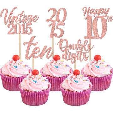 30PCS Happy 10th Birthday Cupcake Toppers Cheers to 10 Vintage 2015 Cupcake Picks Hello 10 Ten 10th Birthday Decorations for 10t