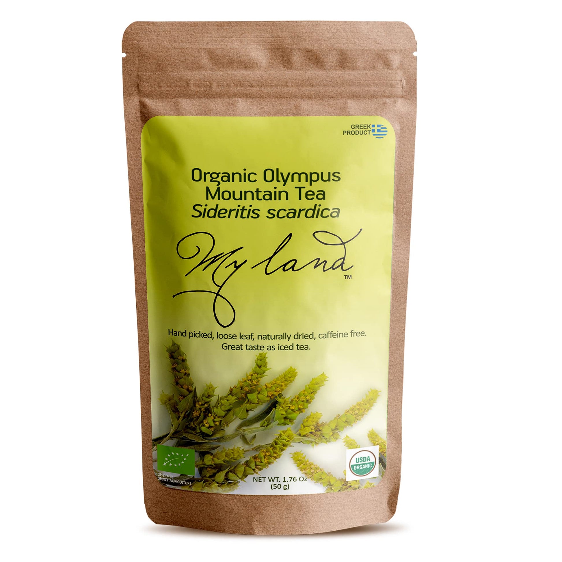 MY LAND Organic Greek Mountain Tea Loose Leaf, Handpicked, Caffeine-Free Herbal, 1.76 oz (50 g)
