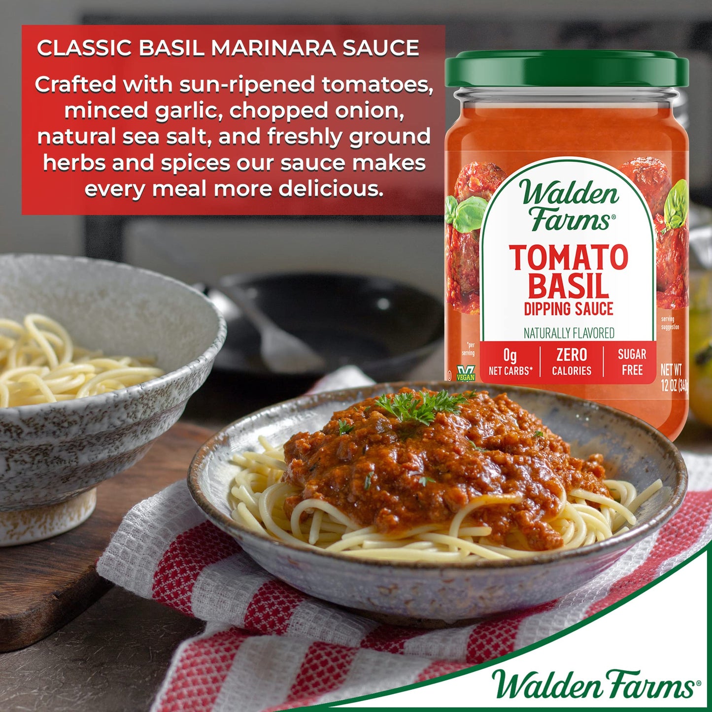 Walden Farms Tomato Basil Pasta Sauce - Zero Calorie, Sugar Free, Keto & No Carb Sauce for Pasta, Veggies & More - 2-Pack, 12 oz