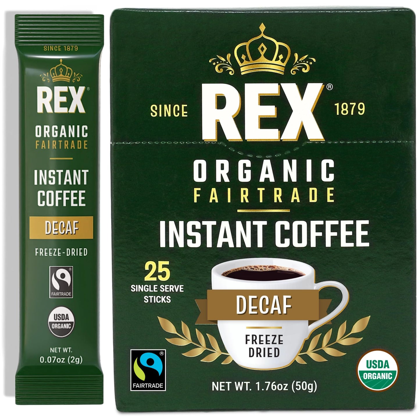 Rex Coffee Organic Fairtrade Decaf Freeze-Dried Instant Sticks - Naturally Decaffeinated Arabica  25 Single-Serve Packs  Mountain Water Process