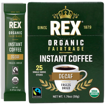 Rex Coffee Organic Fairtrade Decaf Freeze-Dried Instant Sticks - Naturally Decaffeinated Arabica  25 Single-Serve Packs  Mountain Water Process