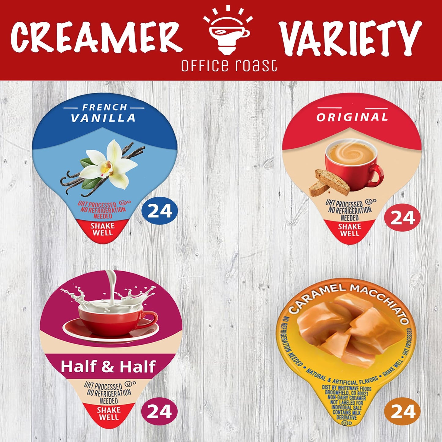 Variety Pack Creamers Liquid Creamer Singles Coffee Cream Original  French Vanilla  Half-Half & Caramel Macchiato - No Refrigeration - Box Of 96