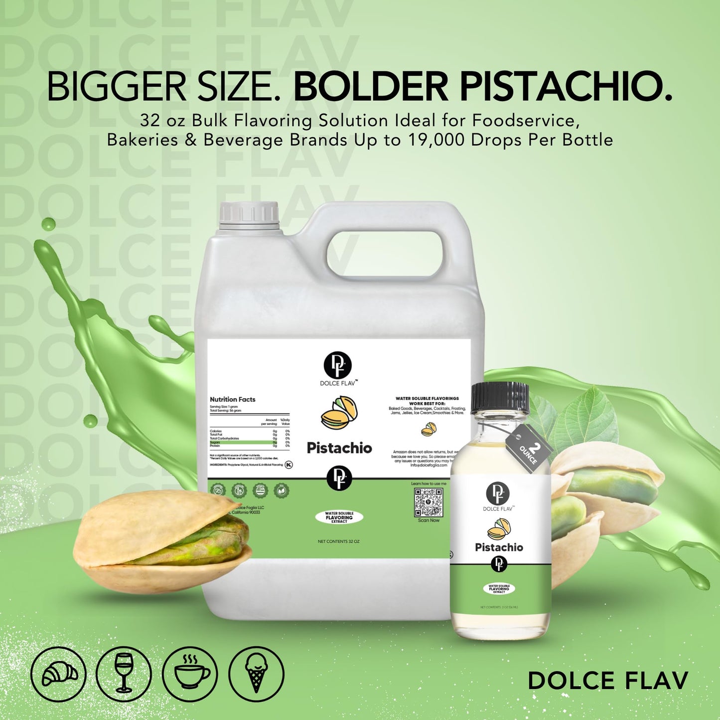 Dolce Flav Pistachio Extract - Water-Soluble, Sugar-Free Flavor for Baking & Ice Cream - 1 Gallon
