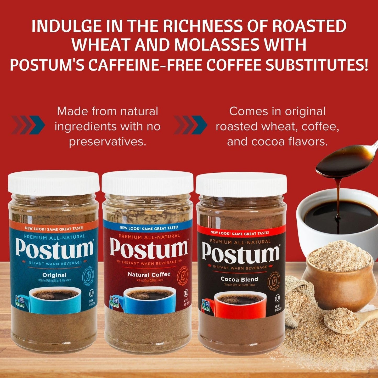 Postum Coffee Substitute Variety Bundle (3x8oz) | Original, Cocoa & Natural Caffeine-Free Vegan Drink | Non-GMO, Roasted Wheat & Molasses
