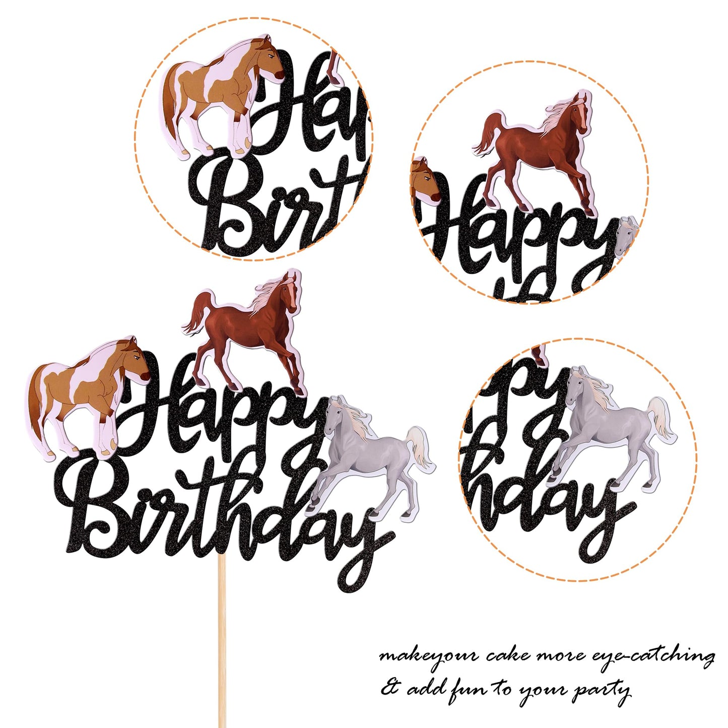 YCTHUNFISH Horse Birthday Cake Topper, Glitter Paper Decoration, Equestrian Theme, Black