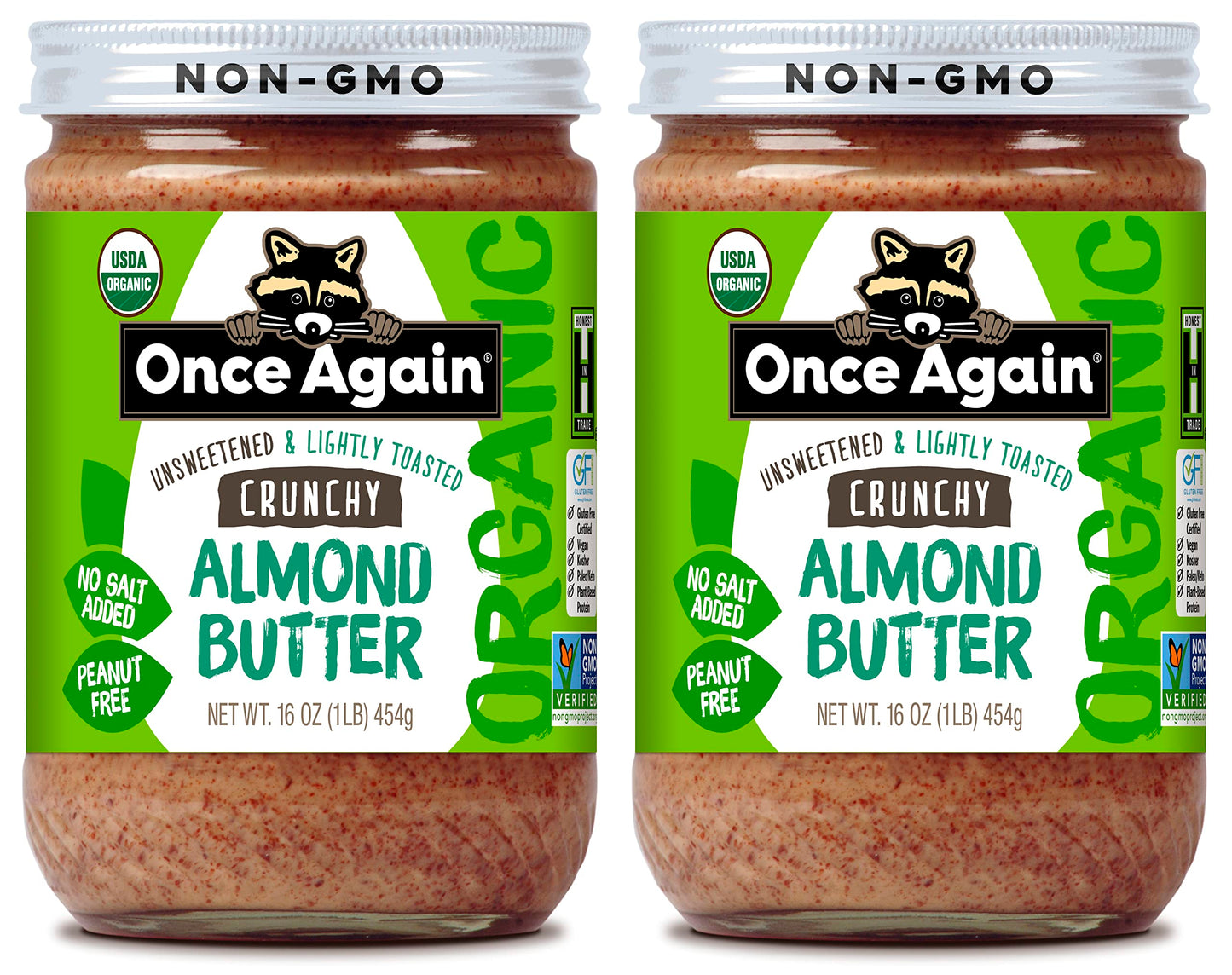 Once Again Organic Crunchy Almond Butter, 16Oz - Lightly Toasted - Salt Free, Unsweetened - Usda Organic, Gluten Free Certified, Peanut Free, Vegan, Kosher, Paleo - Glass Jar (2 Pack)